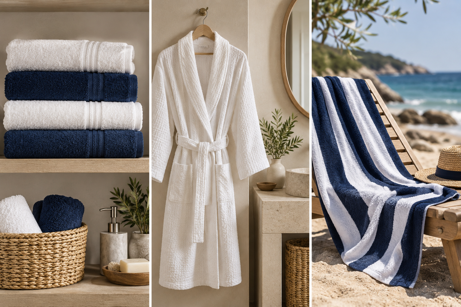 Illustrative collage of bath towels, a bathrobe and a beach towel