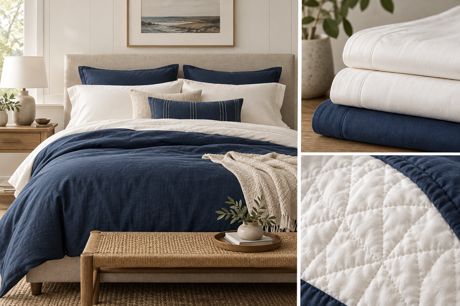 Illustrative collage of a styled bed, sheets and quilted bedding