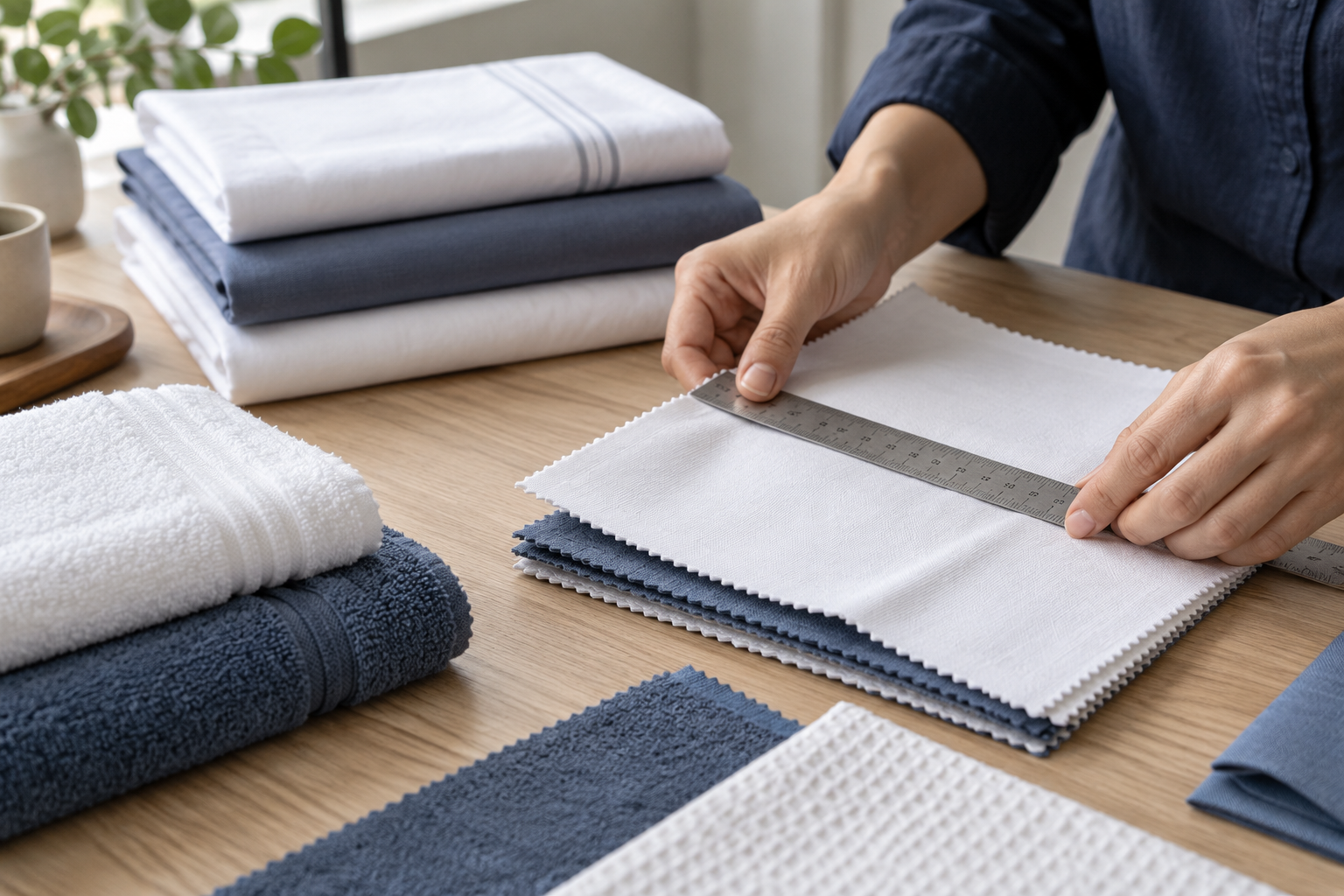 Illustrative view of hands reviewing textile samples and measuring fabric during a quality check
