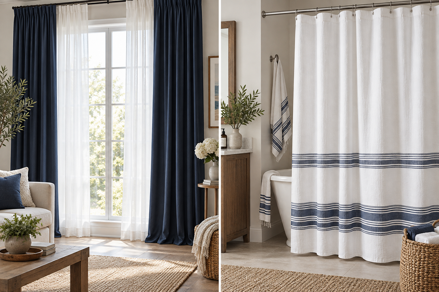 Illustrative collage of window curtains and a shower curtain setting