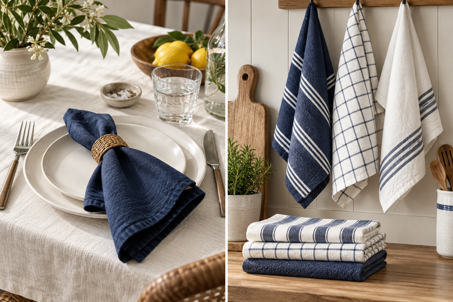 Illustrative collage of table linens, napkins and kitchen towels