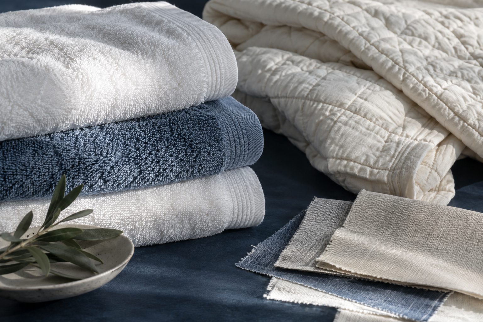 Folded towels, quilted bedding and fabric swatches showing varied home textile textures
