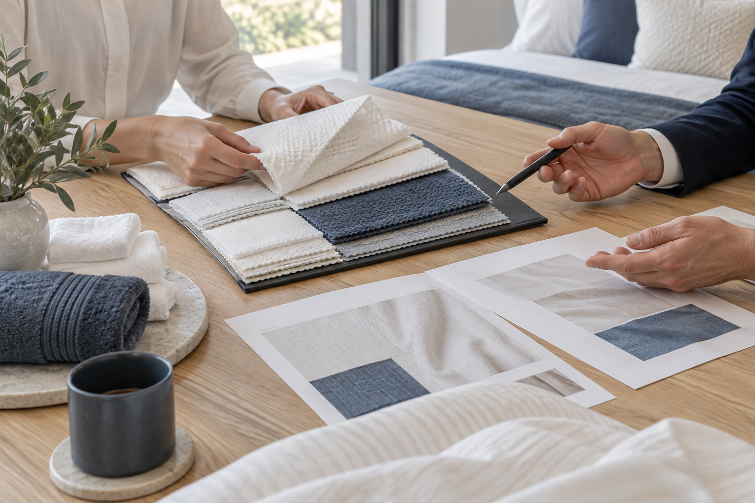 Illustrative discussion of textile swatches and product presentation materials at a meeting table